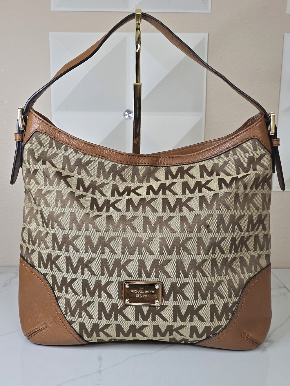 Michael Kors Large Logo Jacquard Hobo Shoulder Bag Tan Brown MK Monogram